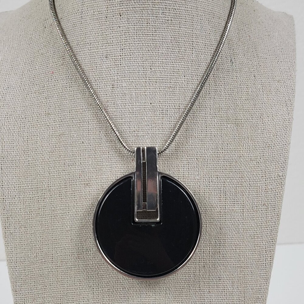 Chico's Silver-Tone Black Enamel Statement Pendant Necklace 38 In Lobster Clasp